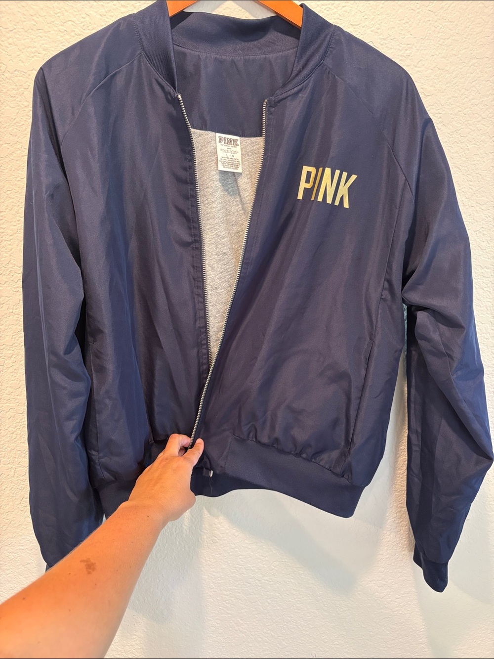 PINK Victoria's Secret Navy Milwaukee Brewers Bomber Jacket with Yellow Logo